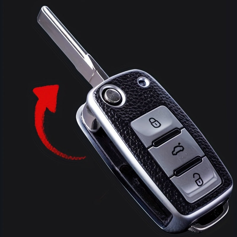 Car Key Protective Cover Leather Grain 3-Button Anti-fall Wear-Resistant