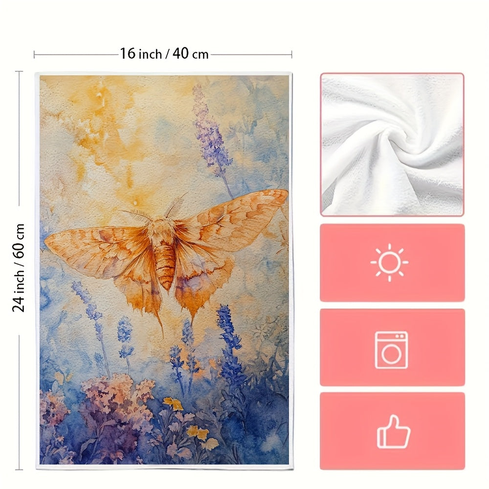 Set of 2 Soft Kitchen Towels with Moth and Floral Design, 16x24 Inches