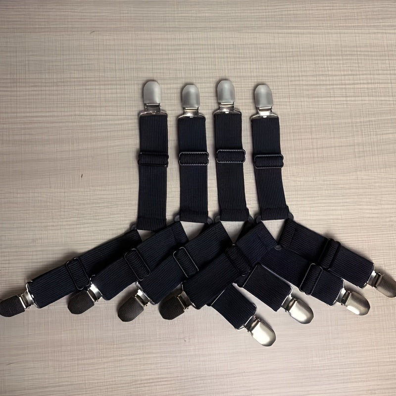 4-Piece Sheet Fastener Set with Adjustable Elastic Straps and Metal Clips for Mattress Bedding