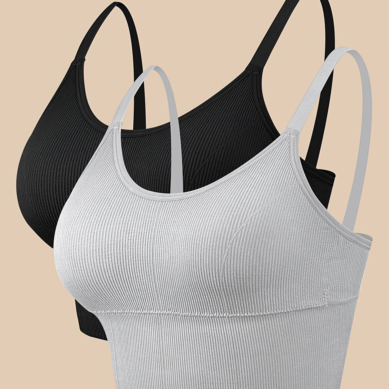 Plus Size Women Sports Bras Ribbed Backless Tank Tops Removable Pads Black White