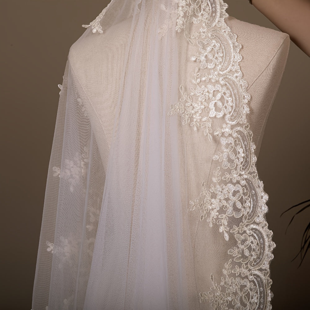 Long Tulle Wedding Veil with Champagne Lace Trim Bridal Accessory Elegant Chapel Length