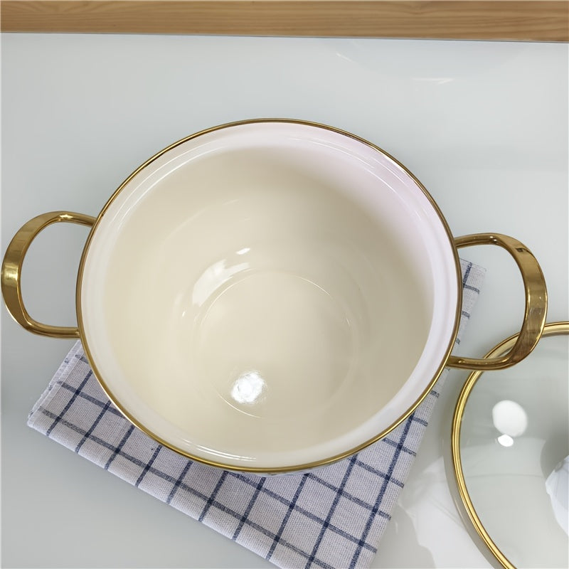 Enamel Stew Pot with Stainless Steel Handle and Transparent Cover for Gas and Electric Stoves