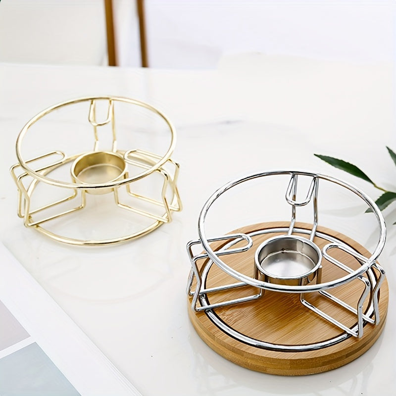 Stainless Steel Candle Holder with Wooden Base for Tea Coffee Heating and Beverage Accessories