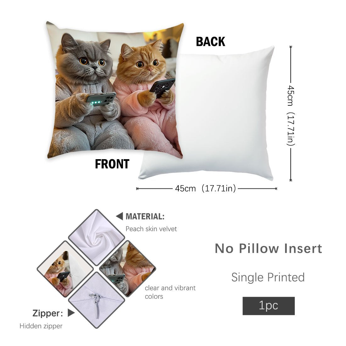 Cats Cushion Cover 45x45cm Peach Skin Velvet Single-Sided Print Sofa Pillow Case