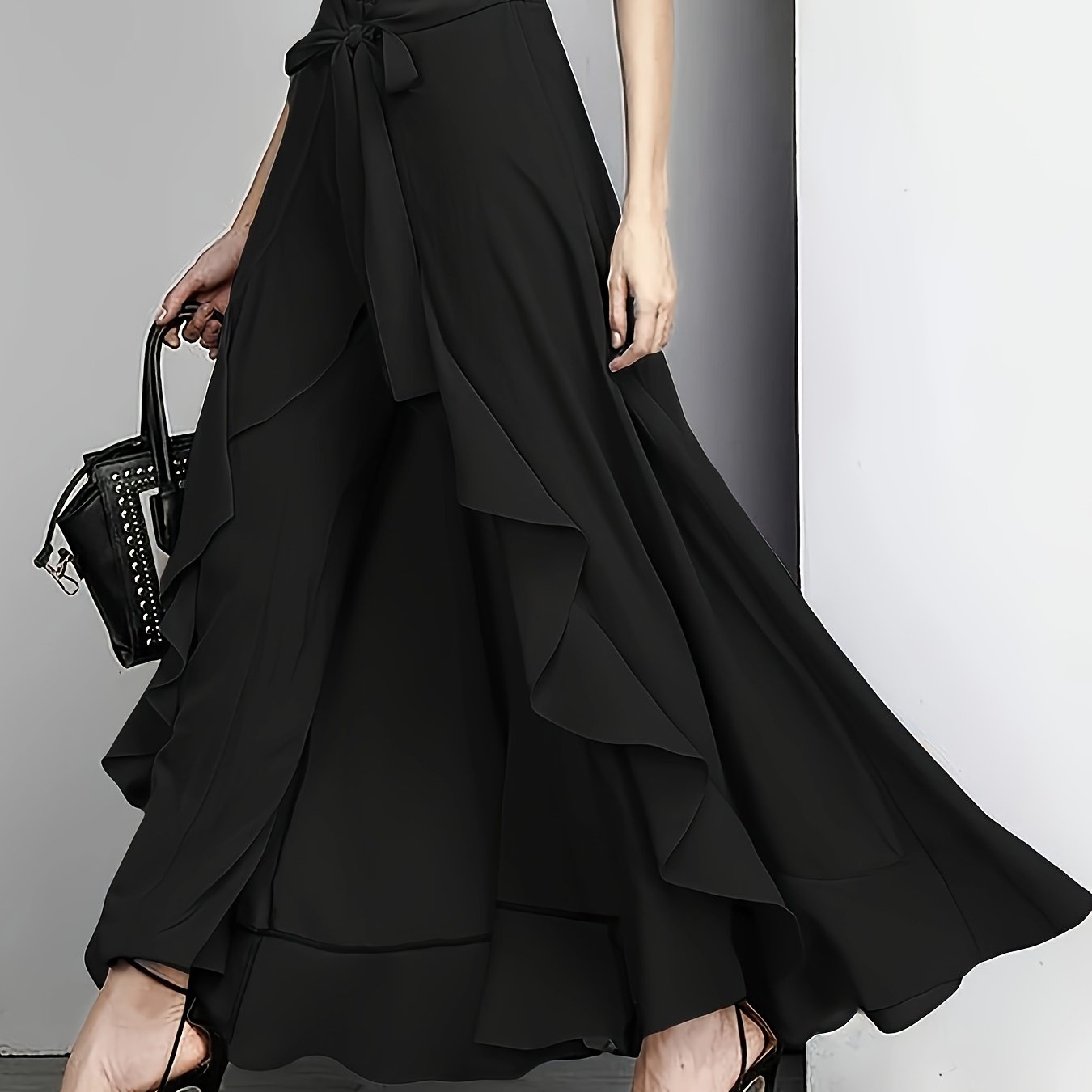 Pantalones acampanados con volantes de color sólido para mujer en 100% poliéster, de pierna recta para todas las estaciones