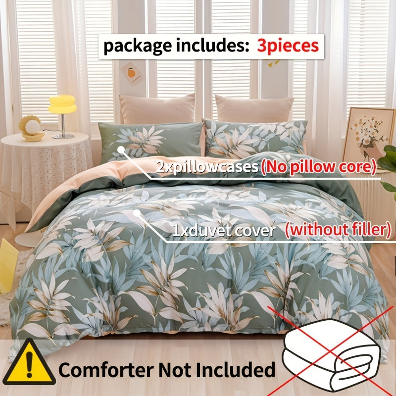 Green Leaf Print Duvet Cover Set with Pillowcases 3 Pieces Soft Polyester for Bedroom