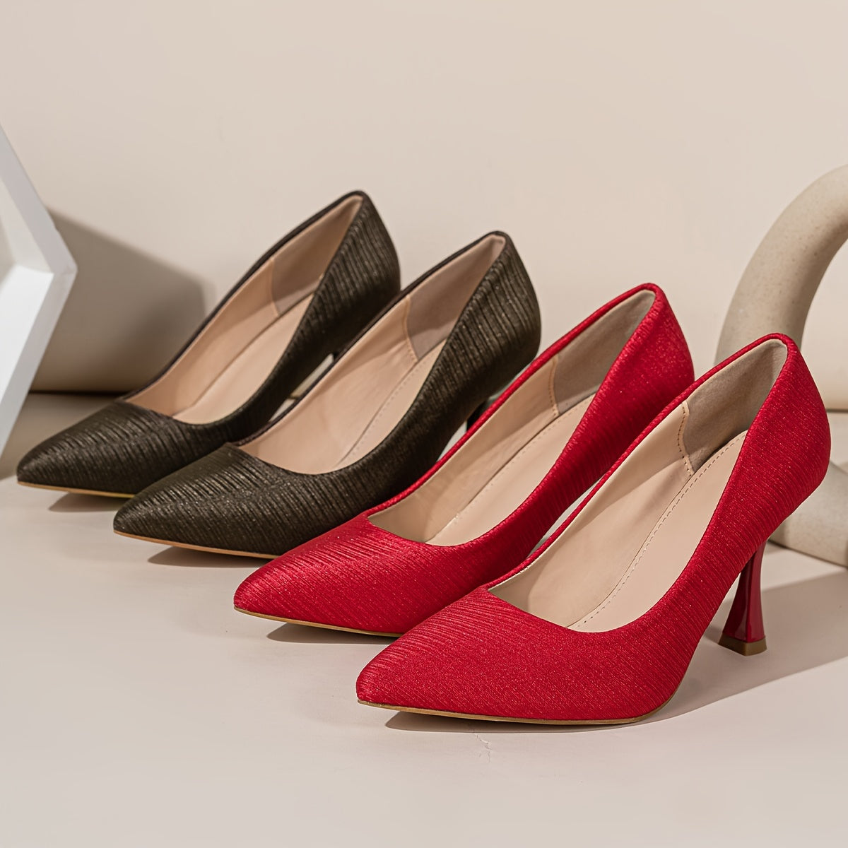 Women's Pointed Toe Pumps Stiletto Heels Dress Shoes with Striped Detail