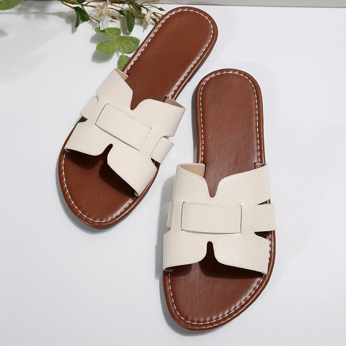 Women’s Casual Slide Sandals PU Open-Toe Flat Heel Brown White