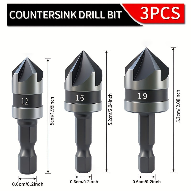 3Pcs Countersink Drill Bits Set, 90° Chamfer For Wood Plastic Aluminum