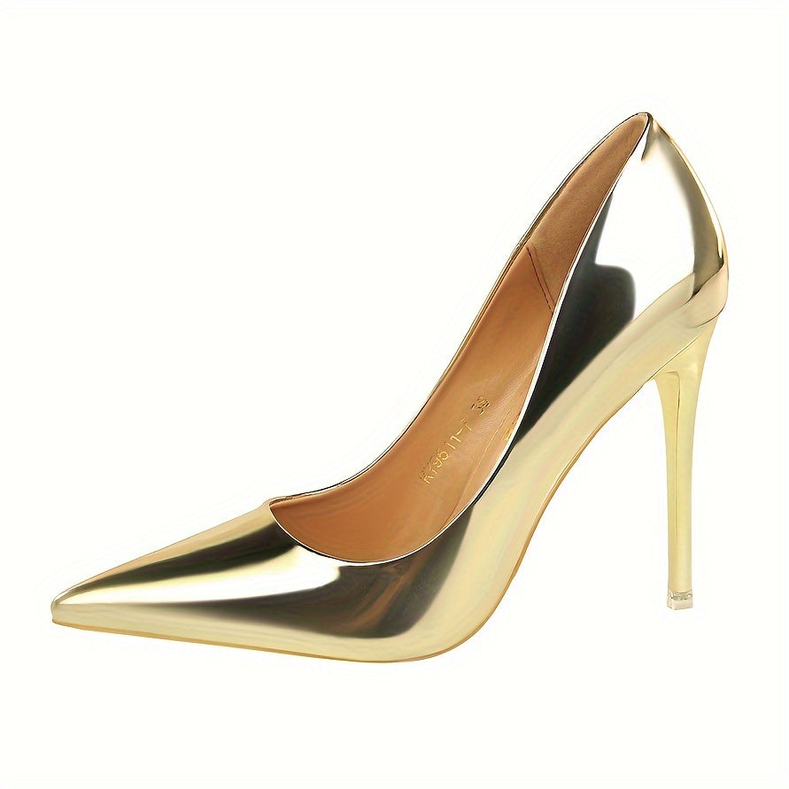 Women's Metallic Stiletto Heels with Pointed Toe and Transparent Strap