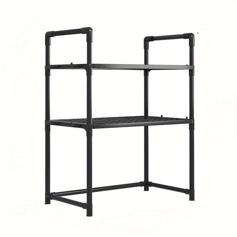 Black Expandable Microwave Stand with 3 Tiers and 8 Hooks for Kitchen or Home