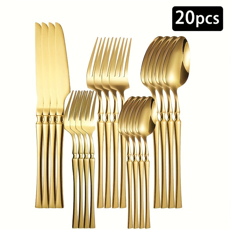 20/30 dona rostlangan po'latdan tayyorlangan stol to'plami, vilkalar, qoshiq, shirinlik qoshiq, meva vilkasi va pichoq, oltin rang, uy, restoran, mehmonxona, to'y, partiyaga mo'ljallangan