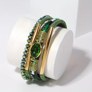 Multilayer Faux Leather Wrap Bracelet with Green Crystal Beads and Gold Accents for Women