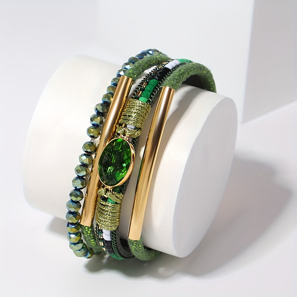 Multilayer Faux Leather Wrap Bracelet with Green Crystal Beads and Gold Accents for Women