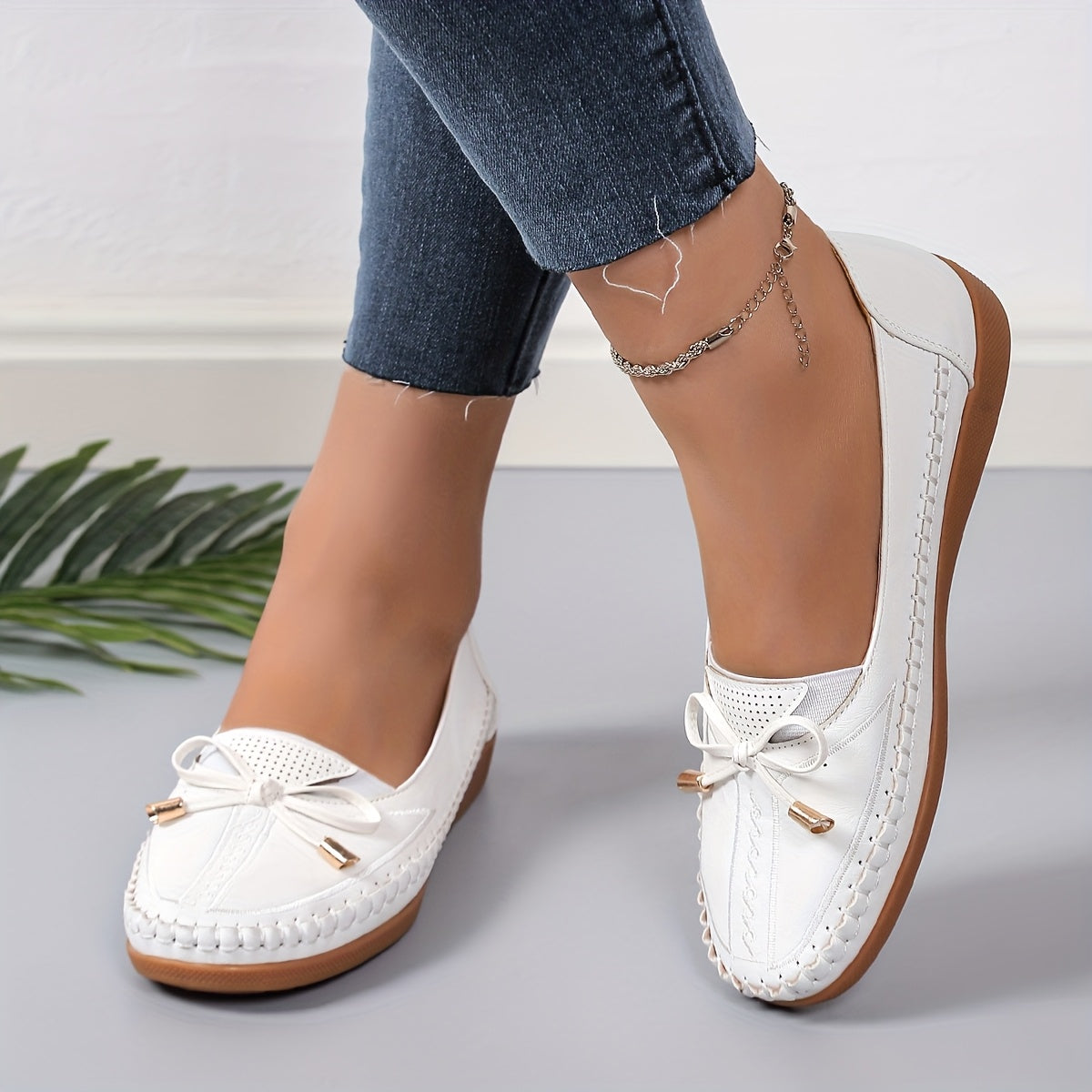 Women's White Faux Leather Slip-On Loafers with Bow Breathable Mesh