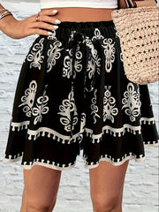 Plus Size Women’s Bohemian Floral Print Shorts with Adjustable Waist Lightweight Polyester Summer Beachwear