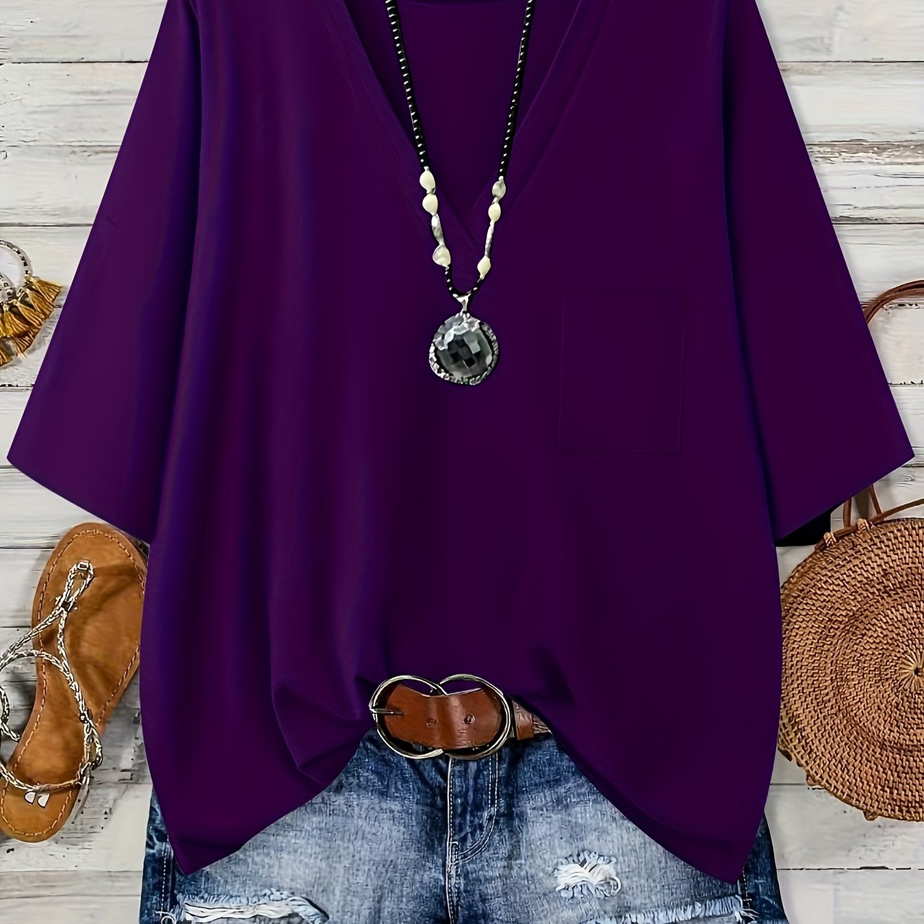 Women's Plus Size V-Neck Loose Top with Pockets Black Casual Summer Blouse