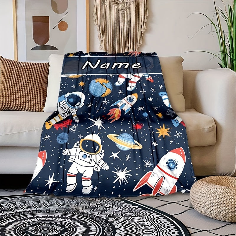 Personalized Space-Themed Astronaut Rocket Blanket Flannel Velvet Cozy Throw for Autumn Winter
