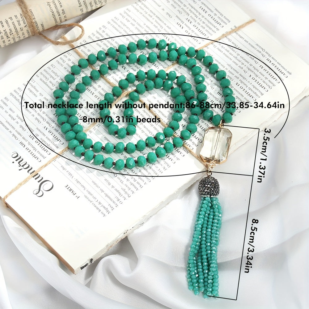 Boho Chic Glass Bead Necklace with Tassel for Women Spring Knotted Design