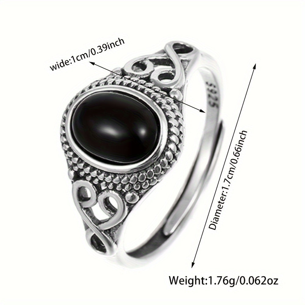Anillo de ágata negra para hombres y mujeres, ajustable, plata de ley, estilo vintage