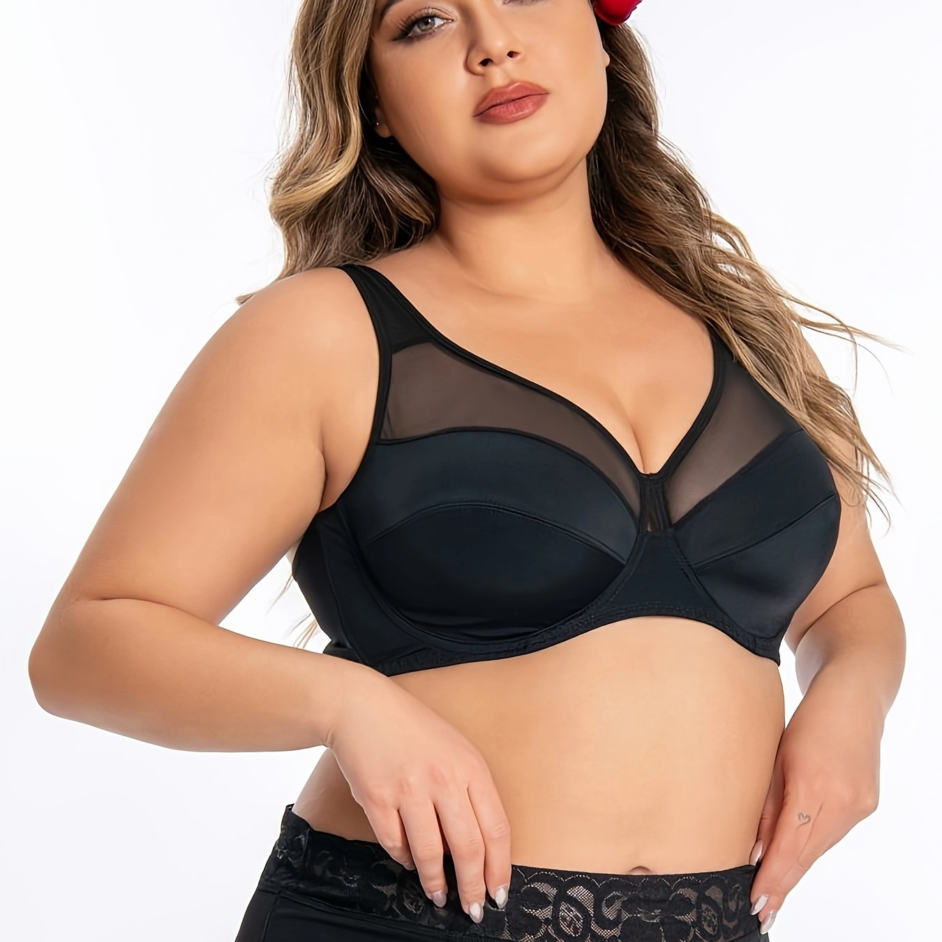 Plus Size Women's Full Cover Mesh Underwire Bra Solid Nylon Spandex