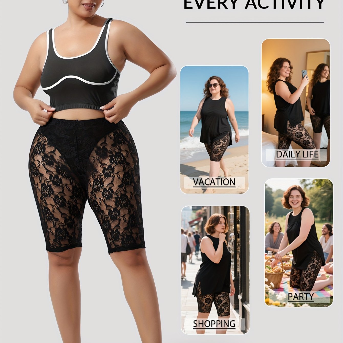 Plus Size Women's Lace Trim High-Waisted Shorts Black Floral Breathable