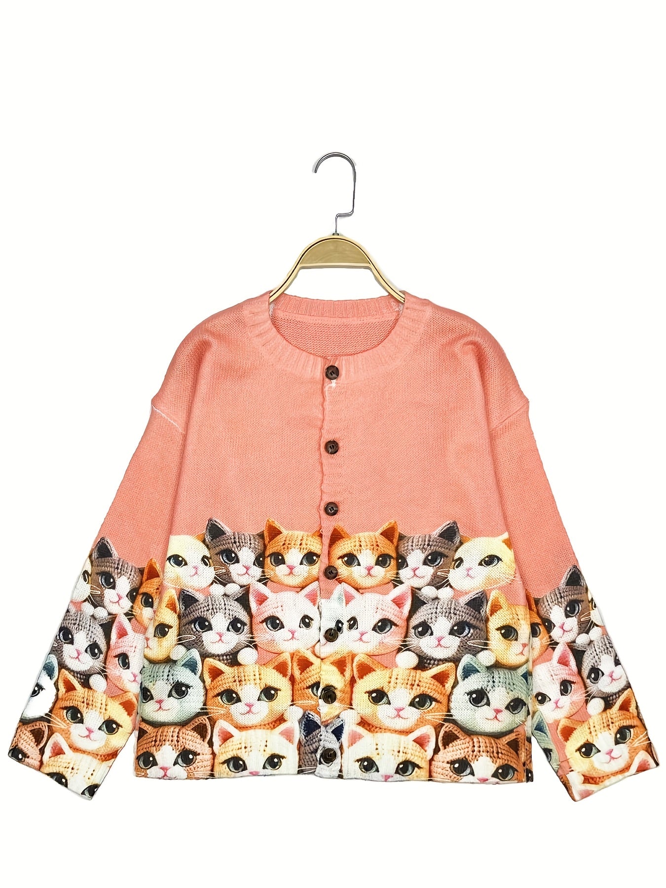 Plus Size Women's Lightweight Cat Print Cardigan Long Sleeve Pink Casual Fall Jacket