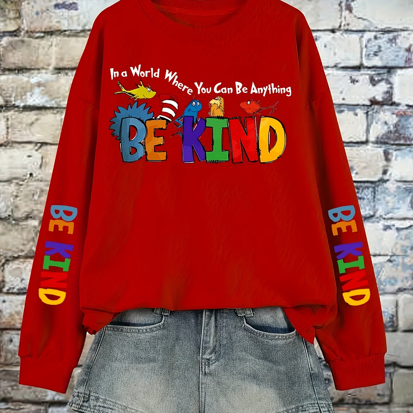 Plus Size Women's Casual Print Pullover Sweatshirt Long Sleeve Crew Neck