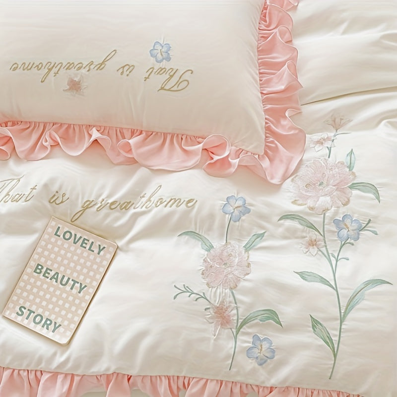 Элегантный вышитый комплект постельного белья с кружевным чехлом на пуховик и наволочками