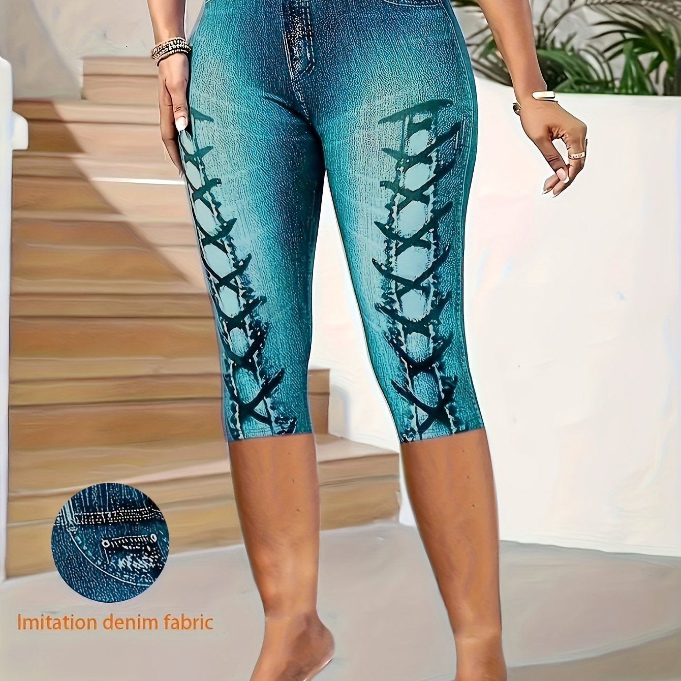Women's Plus Size Faux Denim Print Tight Seven-Eighth Pants