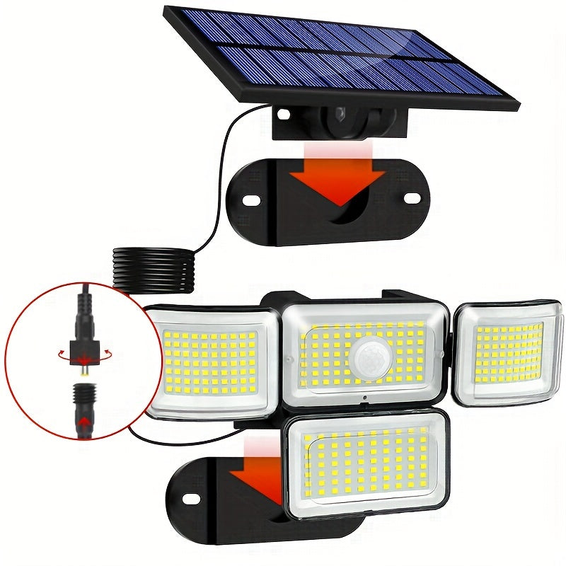 Solar-Powered Motion Sensor Light with Remote Control 288 LED 4-Head Security Floodlight 300° Wide Angle for Garden Yard Pathway Garage Street