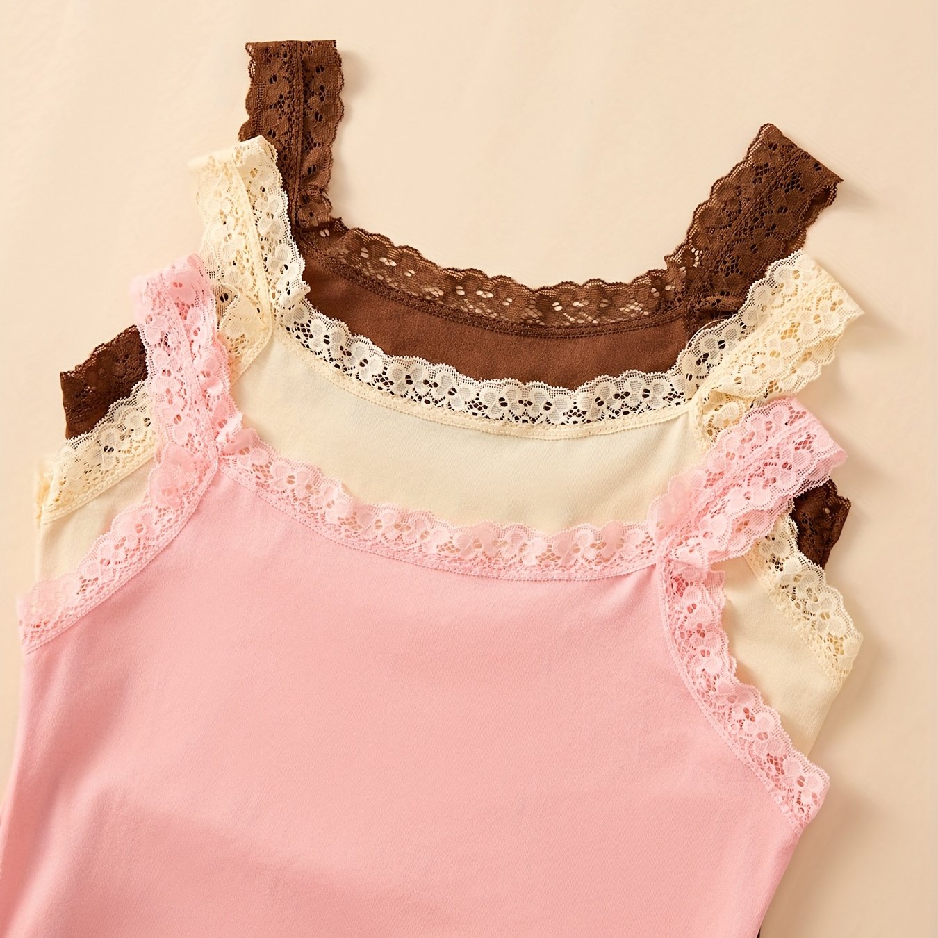 Women's Solid Color Tank Tops with Lace Straps and Panels for Casual Wear