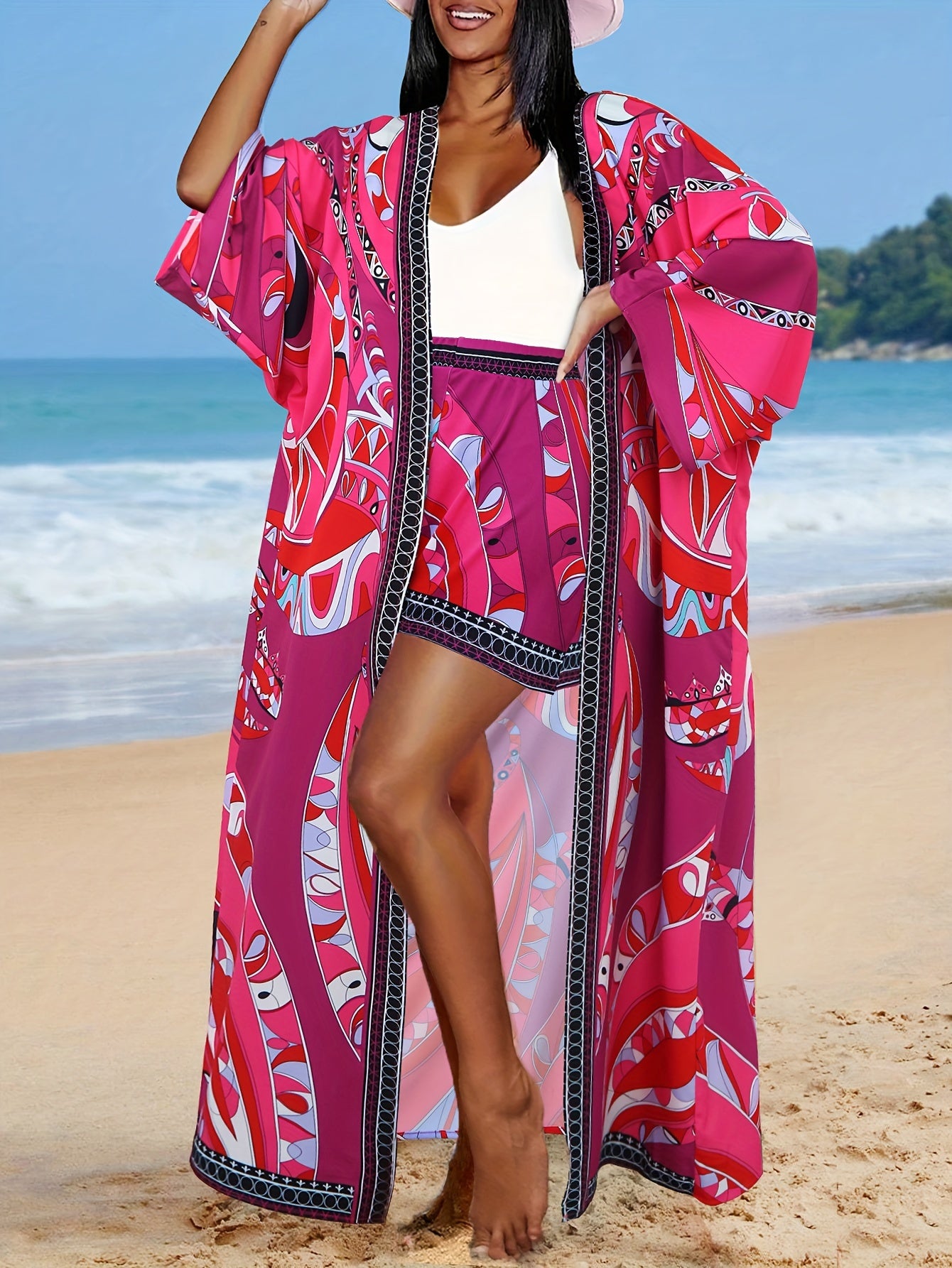 Conjunto de dos piezas con estampado tropical para mujer, cárdigan de abertura frontal en verde y amarillo, pantalones cortos de tiro alto, casual, poliéster