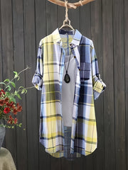 Plus Size Women's Casual Plaid Shirt Long Sleeve Button-Up Blue White Checkered