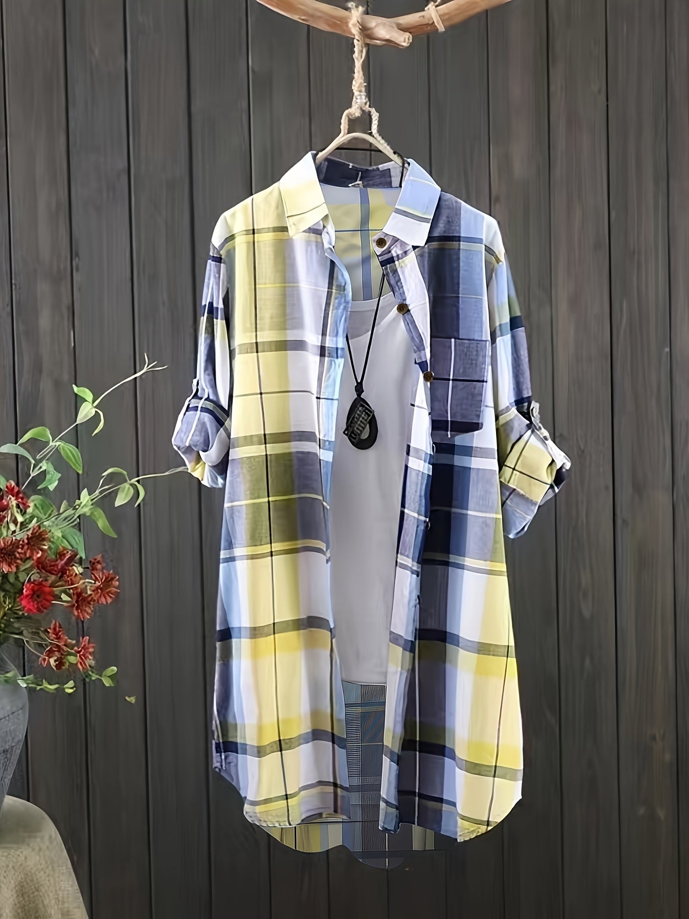Plus Size Women's Casual Plaid Shirt Long Sleeve Button-Up Blue White Checkered
