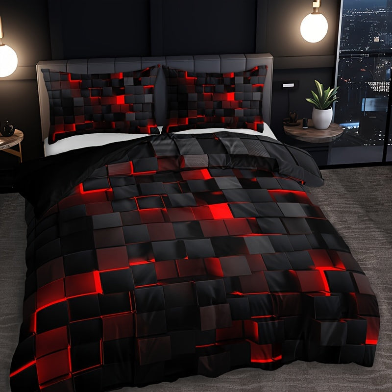 Grid Print Bedding Set 3-Piece Duvet Cover and Pillowcases for Bedroom or Guest Room