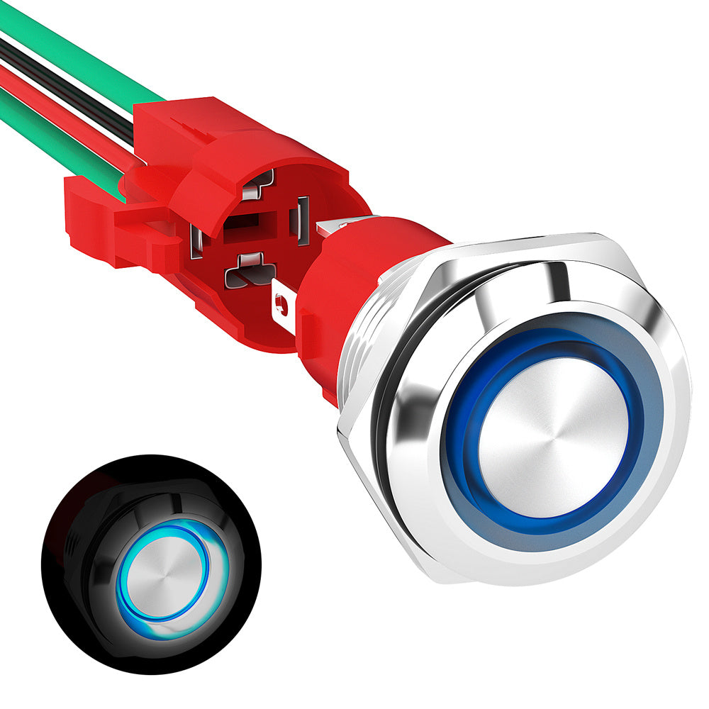 Metal Push Button Switch 19mm 20A 12V Blue Ring Stainless Steel for Electrical Control