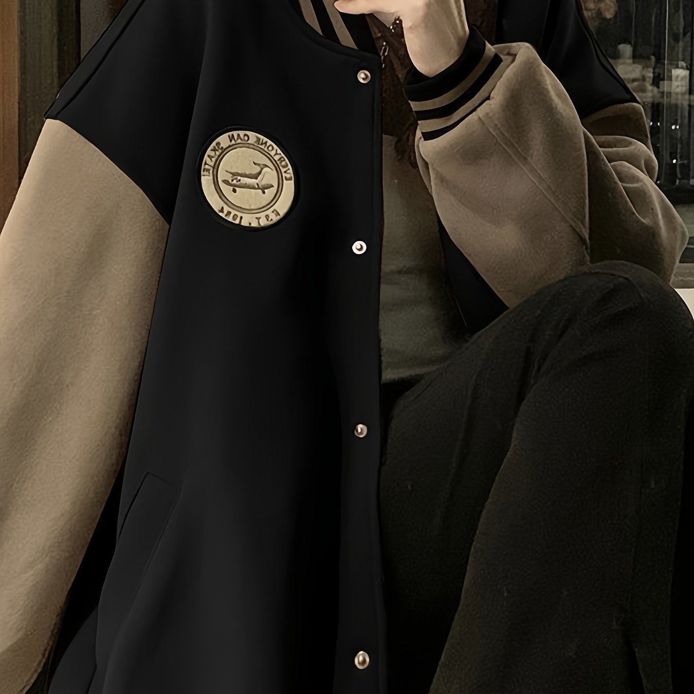 Women's Retro Baseball Jacket Casual Thick Loose Fit Button Polyester Solid