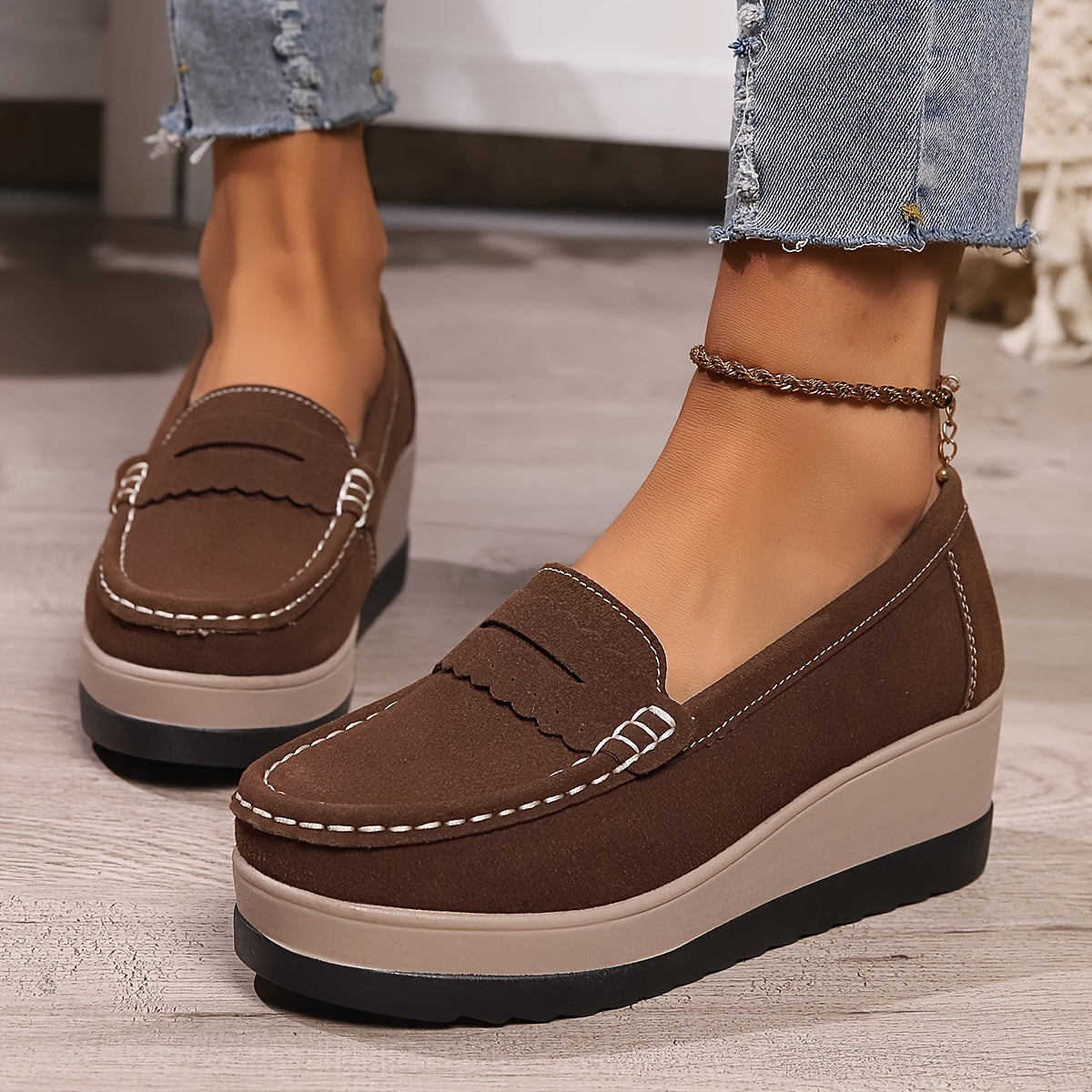 Women's Wedge Loafers Leather Slip-On Comfortable Elegant Casual