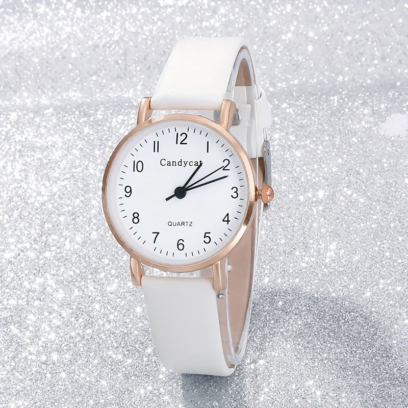 Ladies Fashion Quartz Watch Ring Necklace Set with Faux Leather Straps and Gift Box