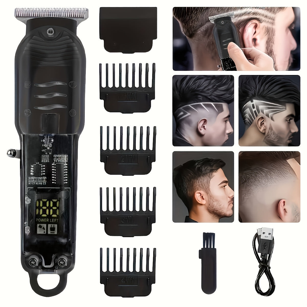 Rechargeable Hair Clippers with LCD Display, 6-Speed, Low Noise, Lithium Battery