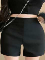 Plus Size Elastic Leggings Black Solid Color Medium Stretch Straight Leg