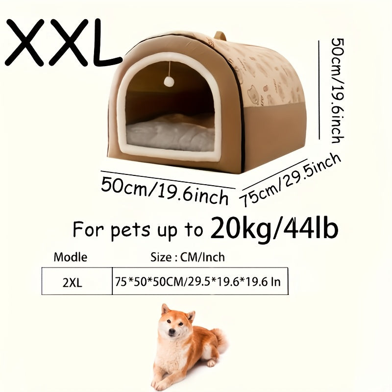 Двухвостный съемный питомник из фланели с шарообразным подвесом, подходящий для собак и кошек в качестве гнезда или укрытия, с ручкой и доступный в различных размерах для удобства.