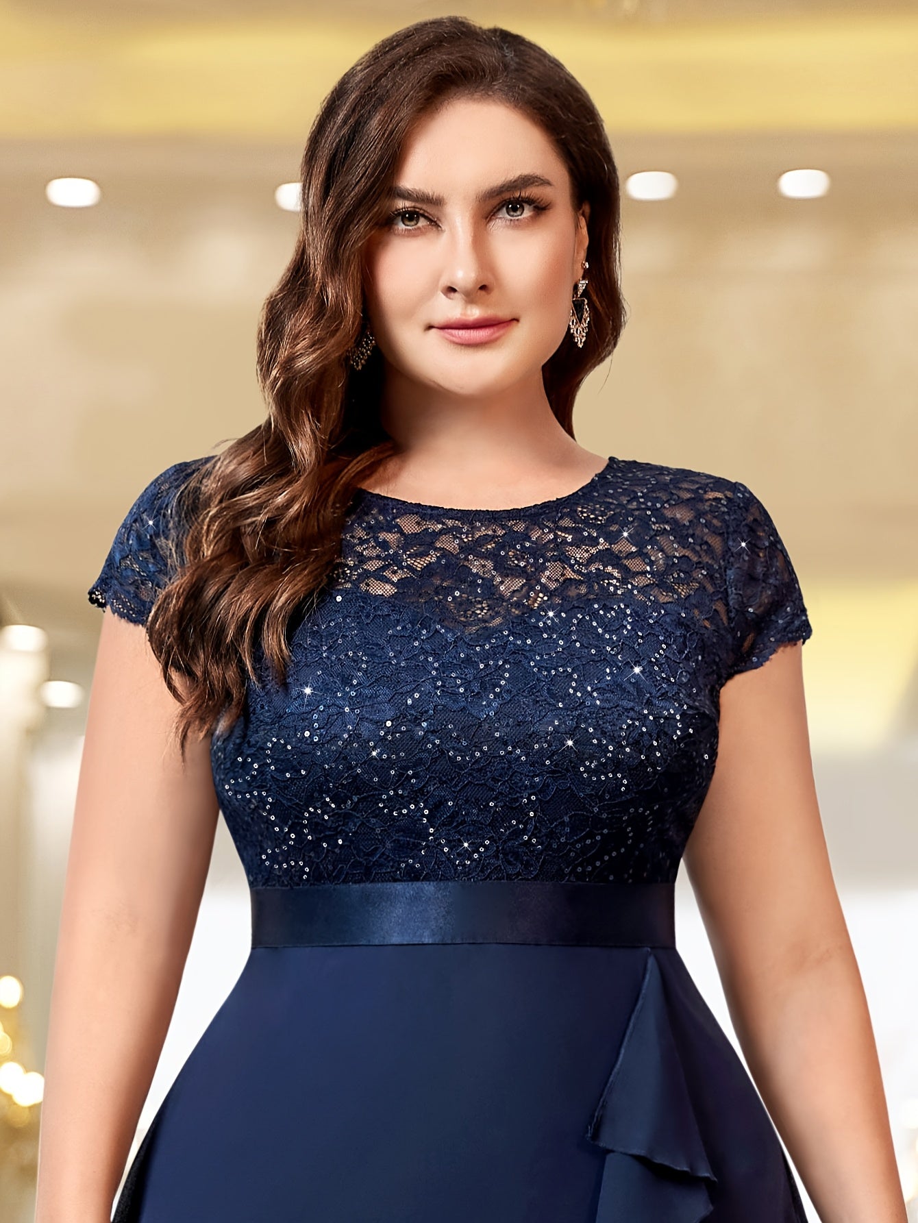 Plus Size Women's Long Dress with Sequin Lace Ruffle Hem Formal Party