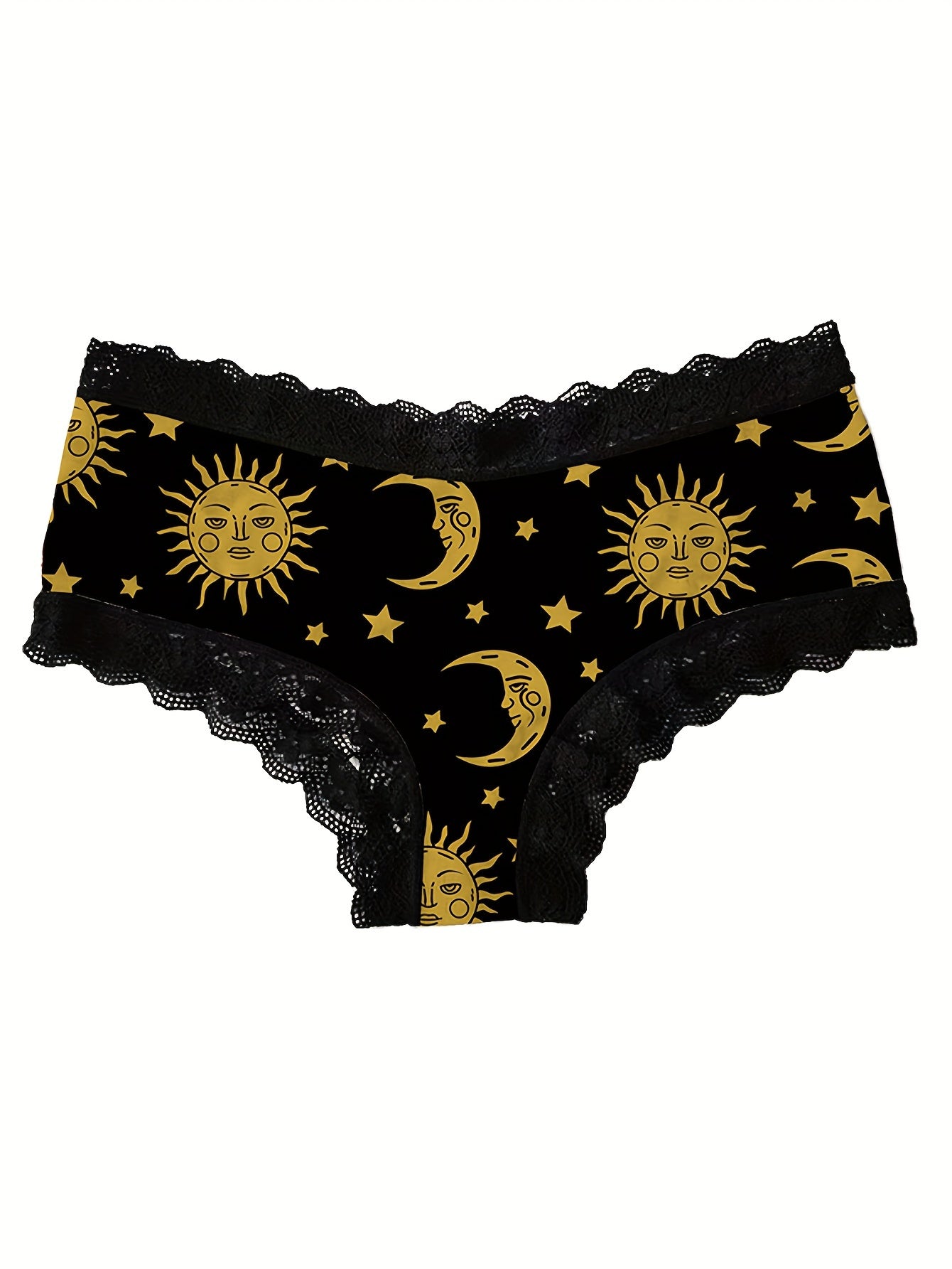 Women's Briefs Set of 3 Moon and Sun Print Lace Trim Breathable Stretchy Underwear