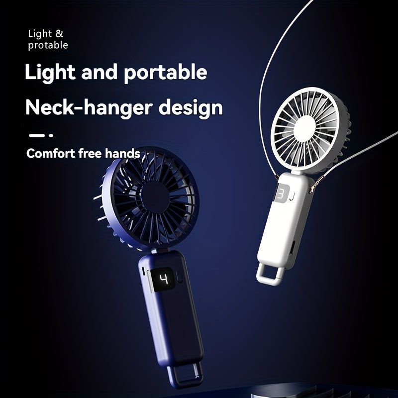 Portable Handheld Fan with LED Display, 5-Speed, Foldable, USB Rechargeable