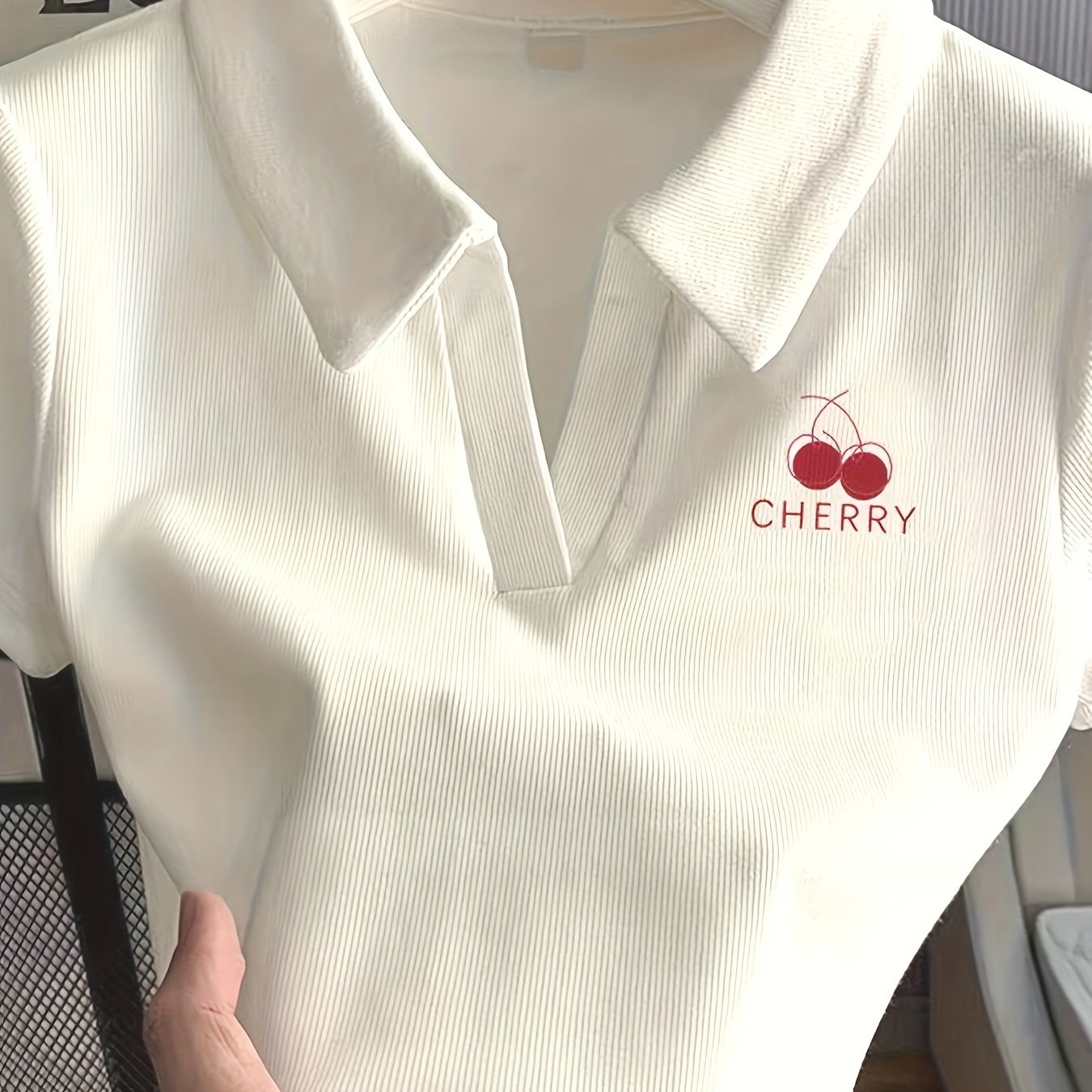Women's Y2K White Cherry Print Top Short Sleeve Polyester Knit Spring Summer