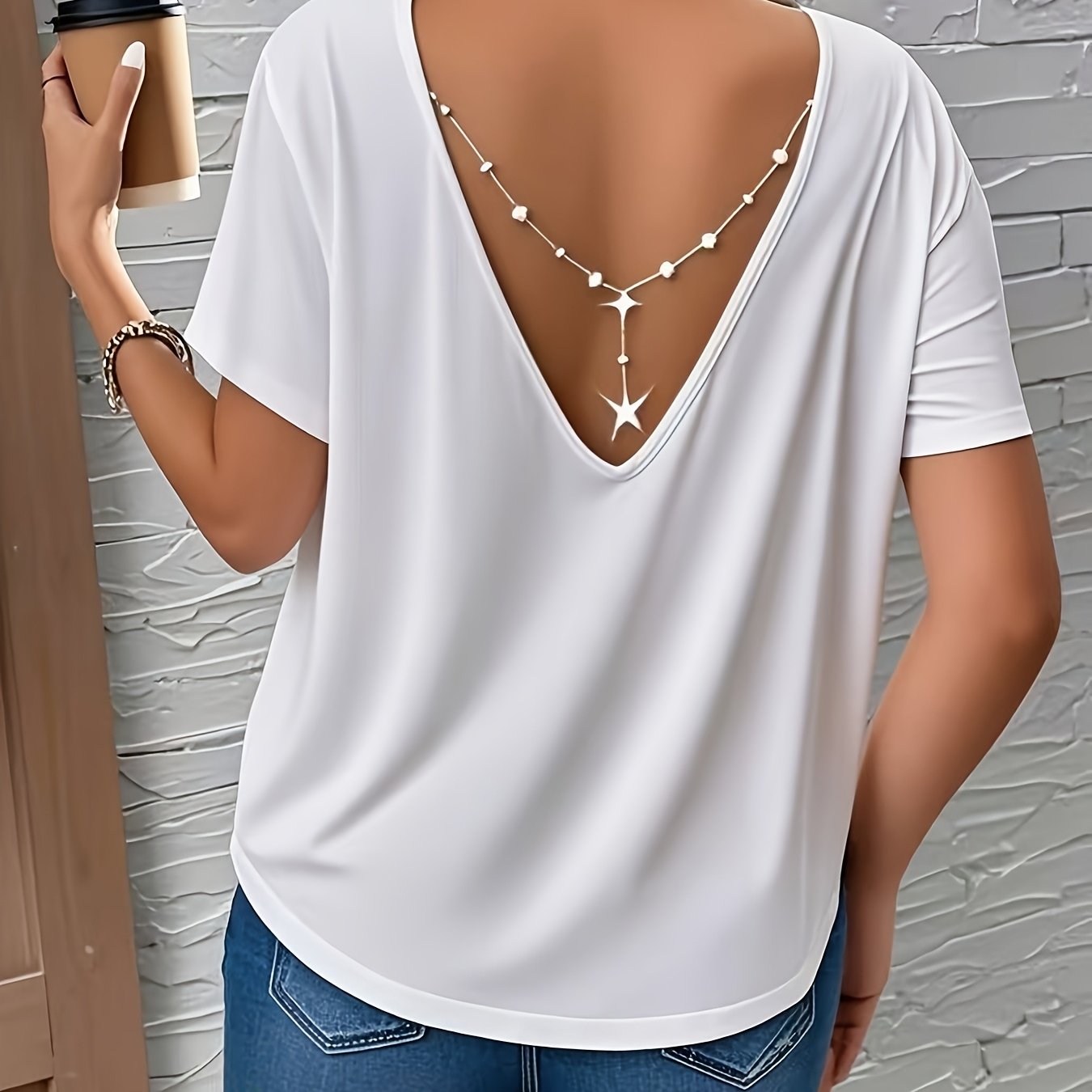 Plus Size Women's Black V-Neck T-Shirt with Pearl Chain Casual Top