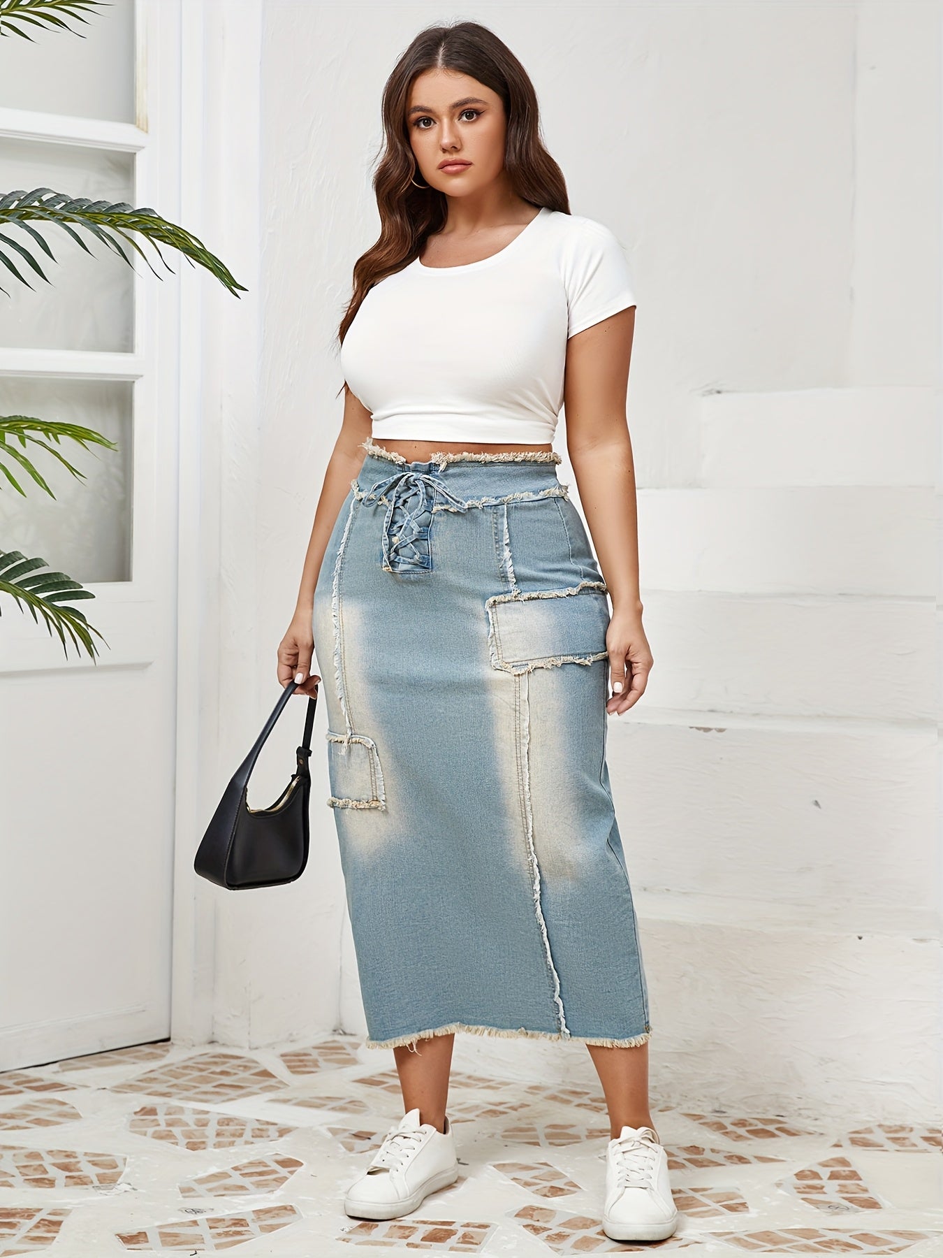 Women's High-Waist Denim Midi Skirt with Frayed Hem and Lace-Up Details in Light to Dark Blue Wash