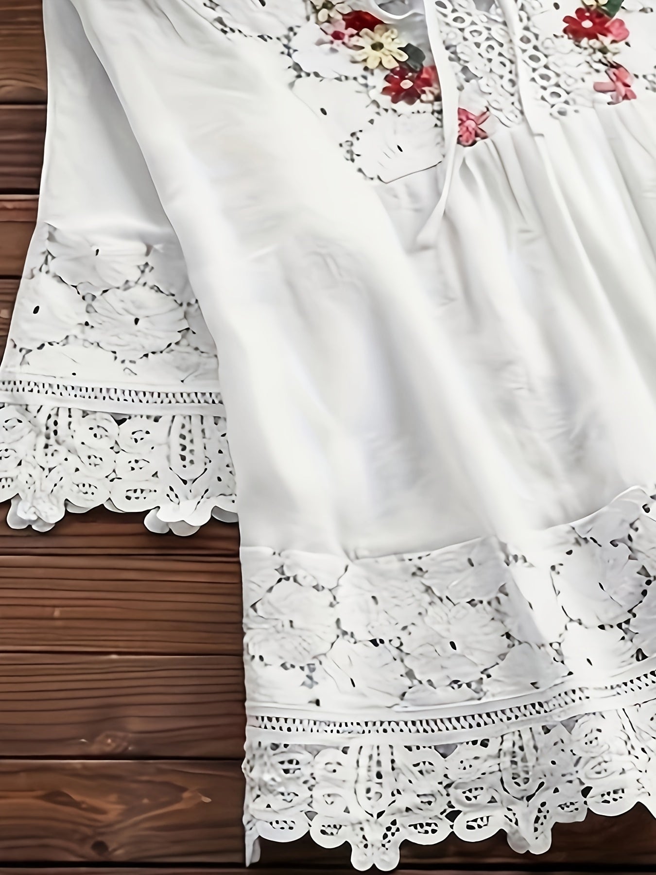 Women's Long Sleeve Shirt with Embroidered Lace Trim Crew Neck Cotton Blend Casual Spring Fall